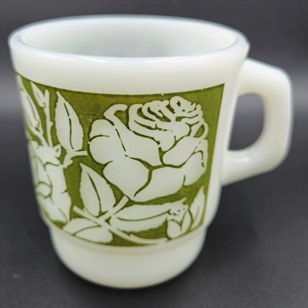 Fire King Anchor Hocking Green Rose Mug Cup Milk Glass MCM Vintage Read